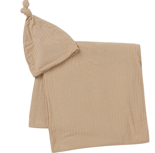 Tan Ribbed Stretchy Bamboo Swaddle + Beanie Set