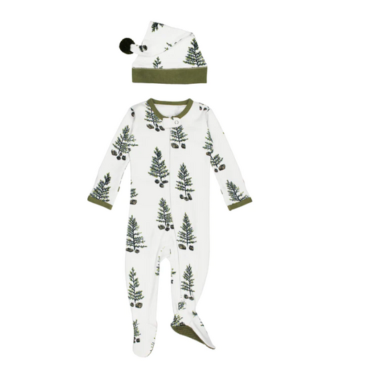 Organic Holiday 2-Way Zipper Footie and Cap Set - Under the Tree