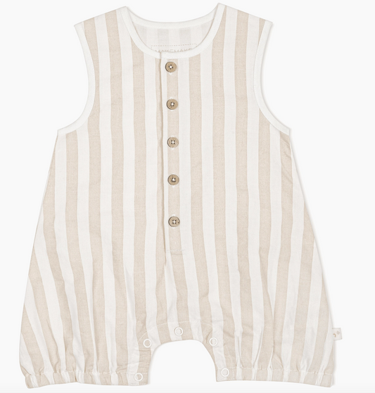 Organic Sleeveless Bubble Romper - Beige Stripes