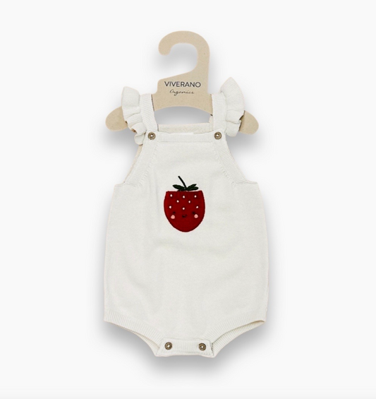 Strawberry Embroidered Pocket Baby Romper (Organic Cotton) Natural