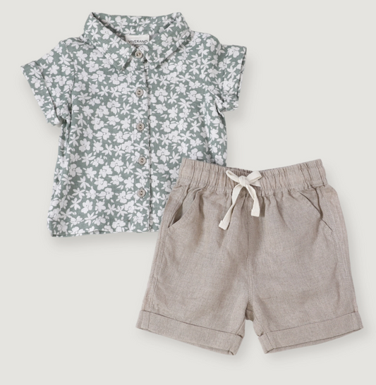 Natural Linen Floral Shirt and Short Set
