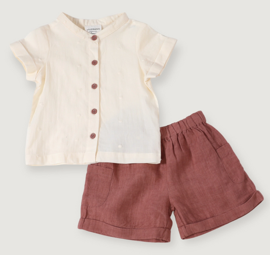 Mandarin Collar Natural Linen Shirt and Short Set