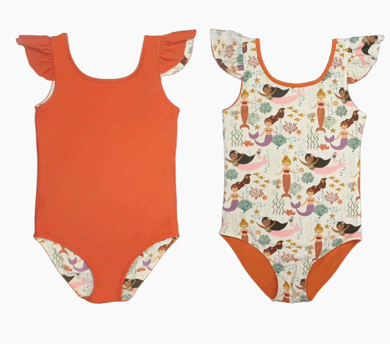 Reversible Mermaid/Neon Orange Ruffle Swimsuit