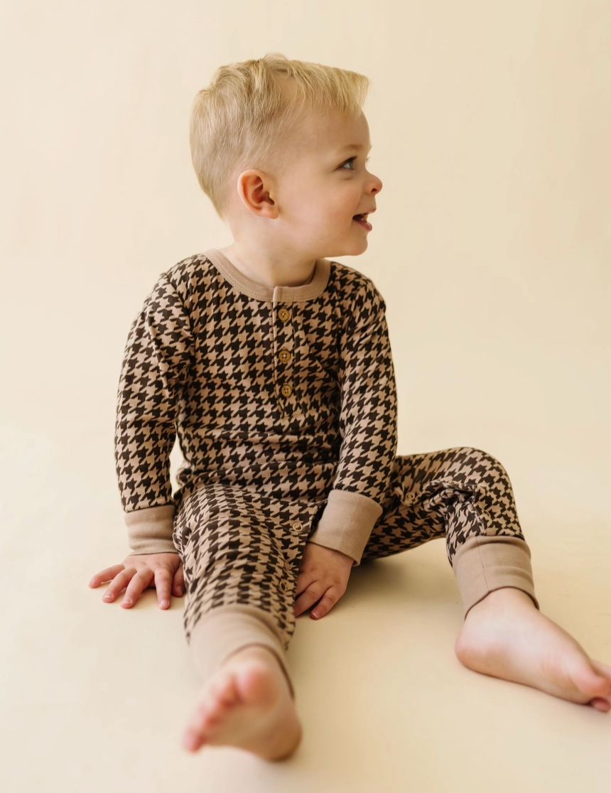 Organic Button Romper - Houndstooth