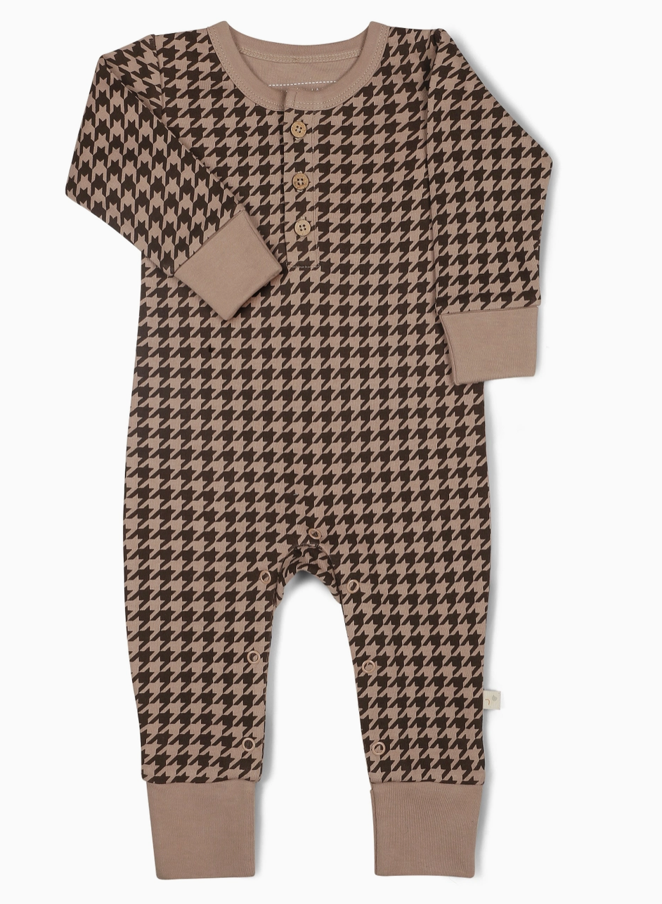 Organic Button Romper - Houndstooth