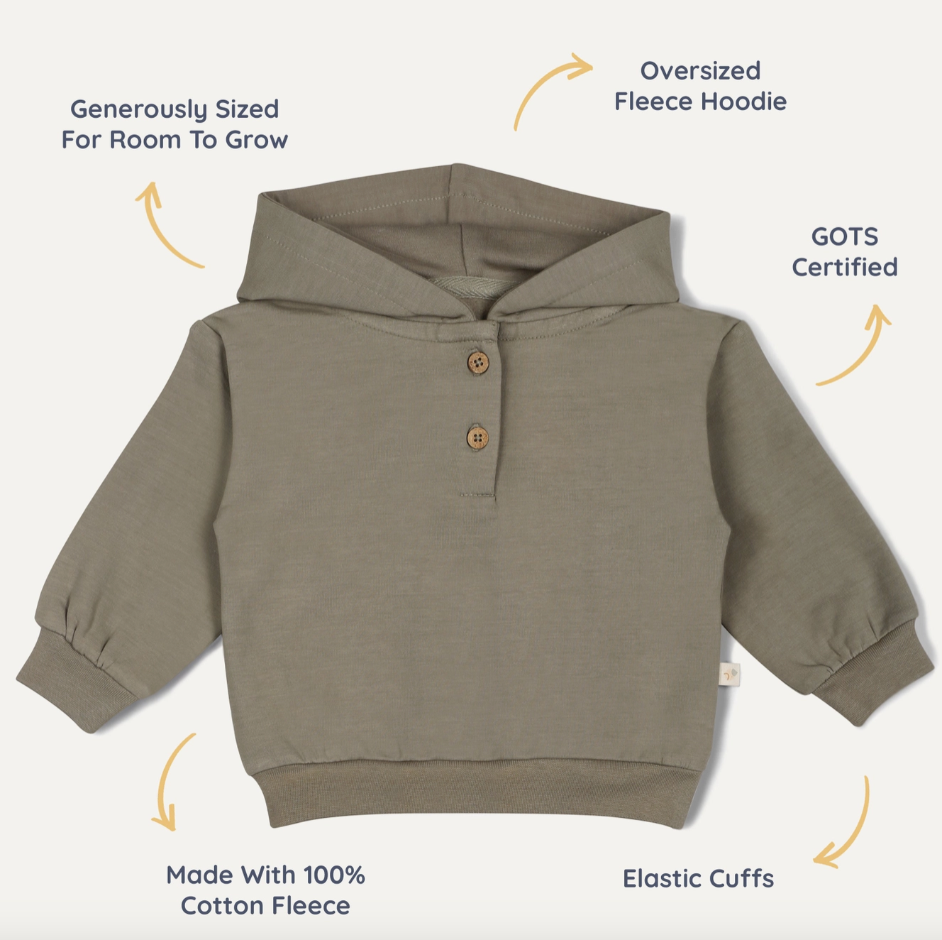 Organic Fleece Henley Hoodie - Olive