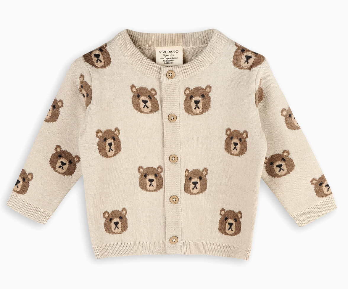 Brown Bear Jacquard Cardigan Sweater - Organic