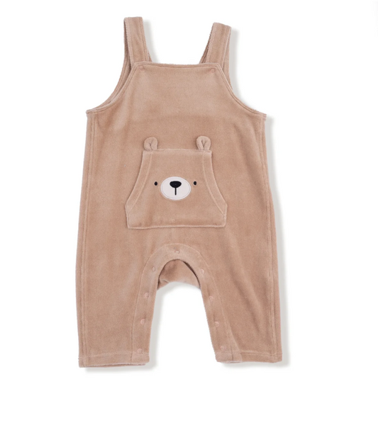 Velour Overalls with Bear - Kangaroo Pocket