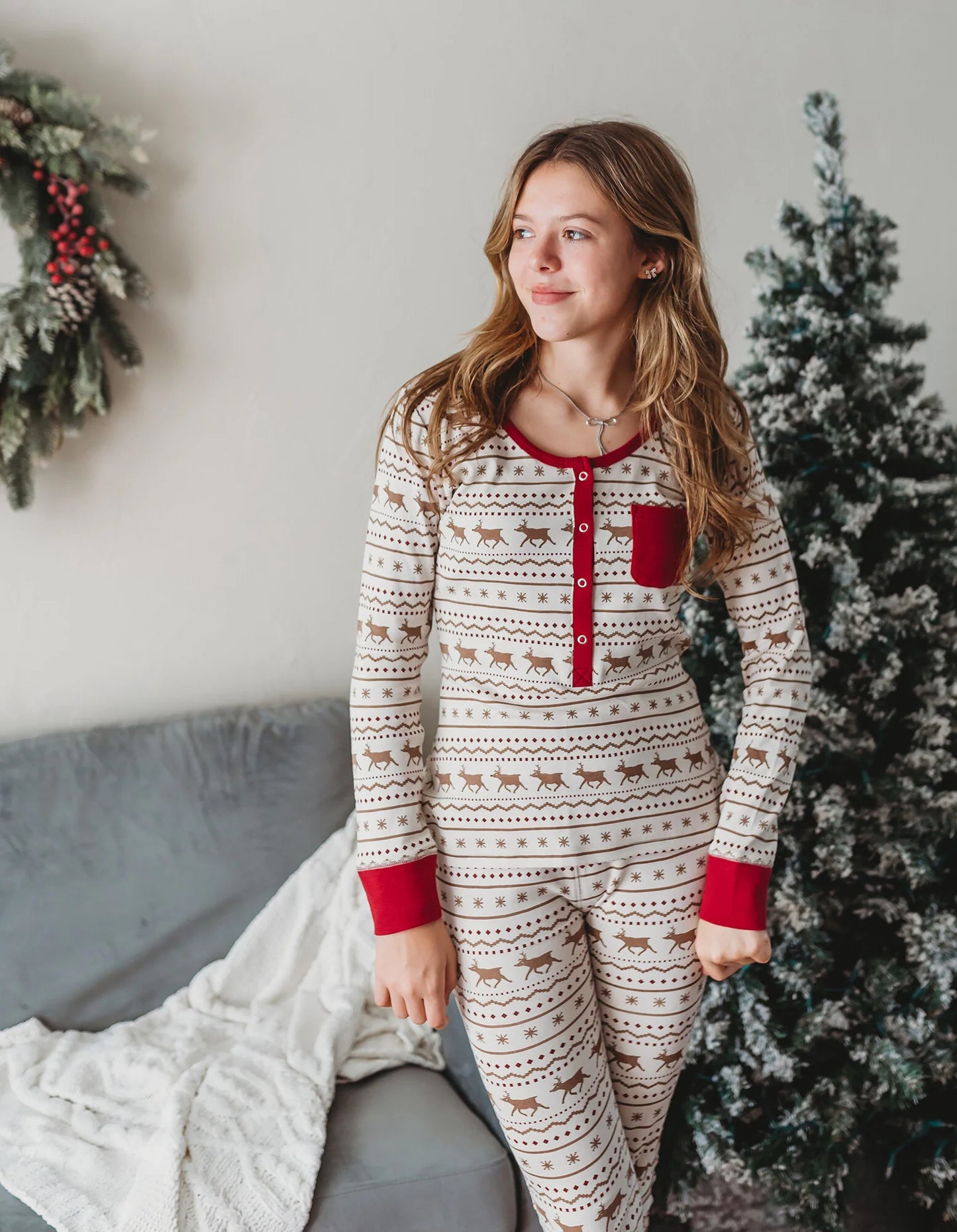 Women's Fair Isle Rudolph- 2 Piece Long Sleeve Nursing Friendly Set with Cap