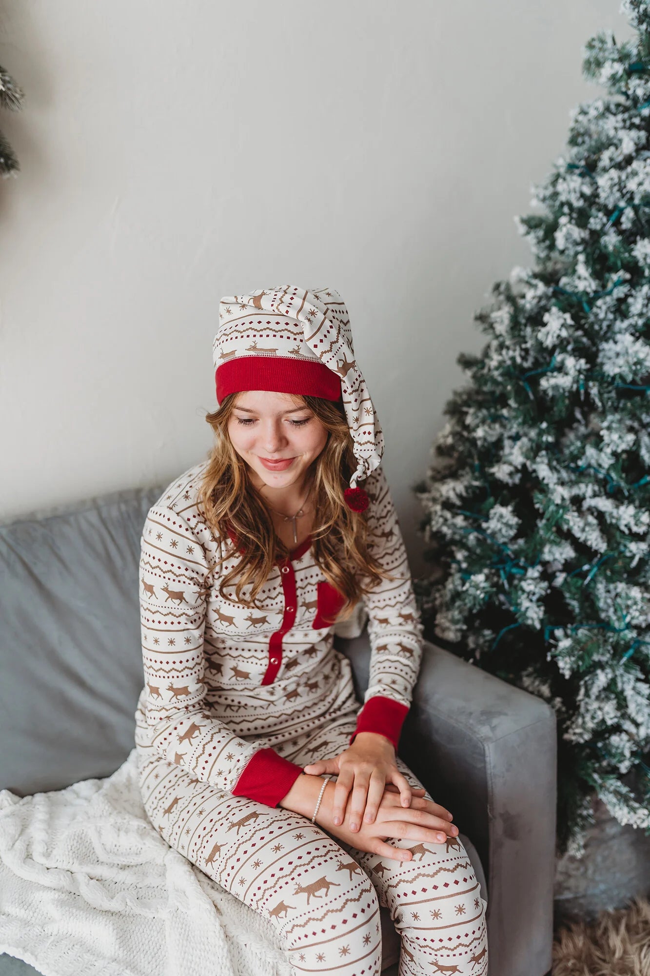 Women's Fair Isle Rudolph- 2 Piece Long Sleeve Nursing Friendly Set with Cap