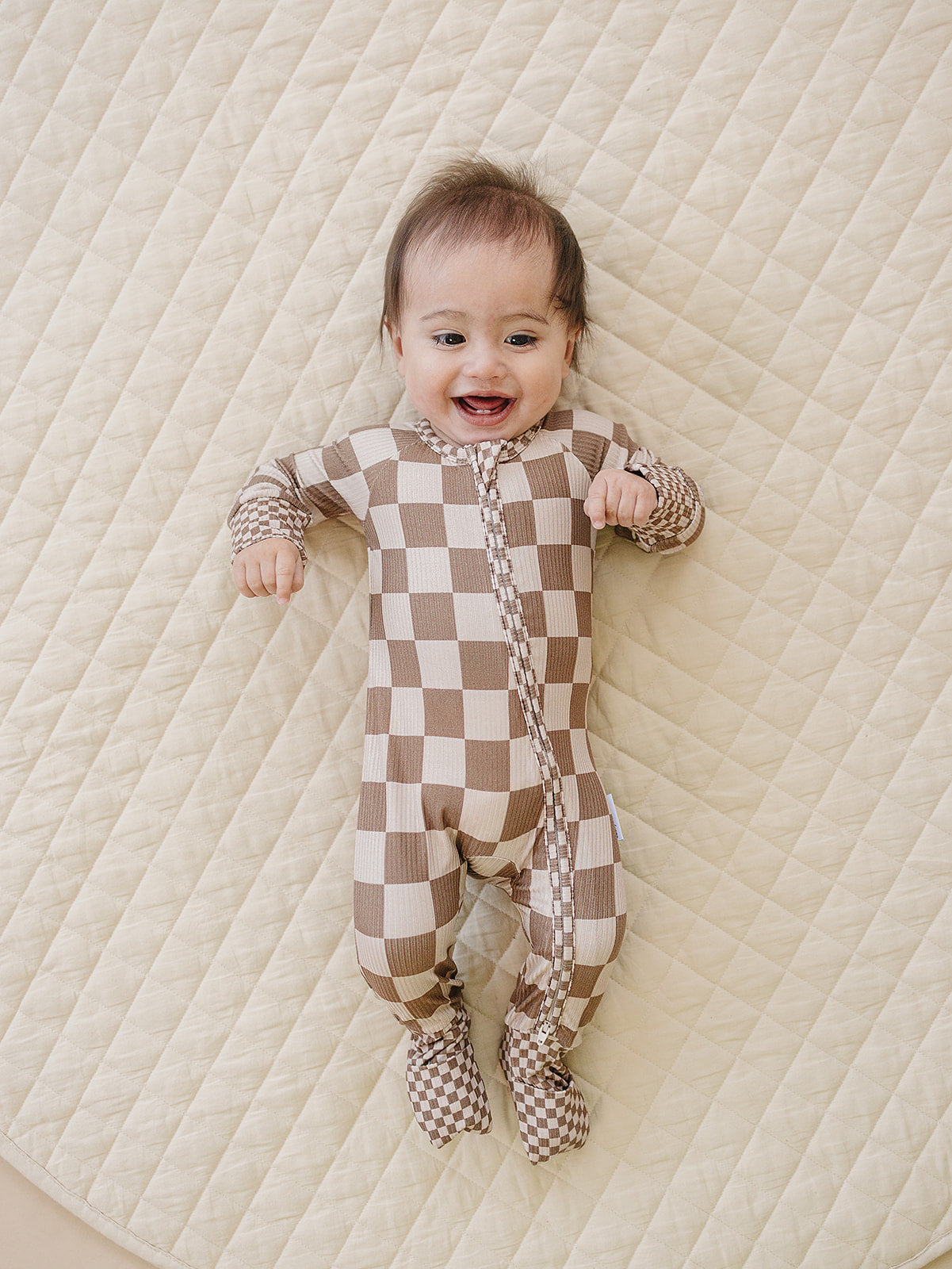 Ribbed Bamboo Zip Romper | Latte Checkered