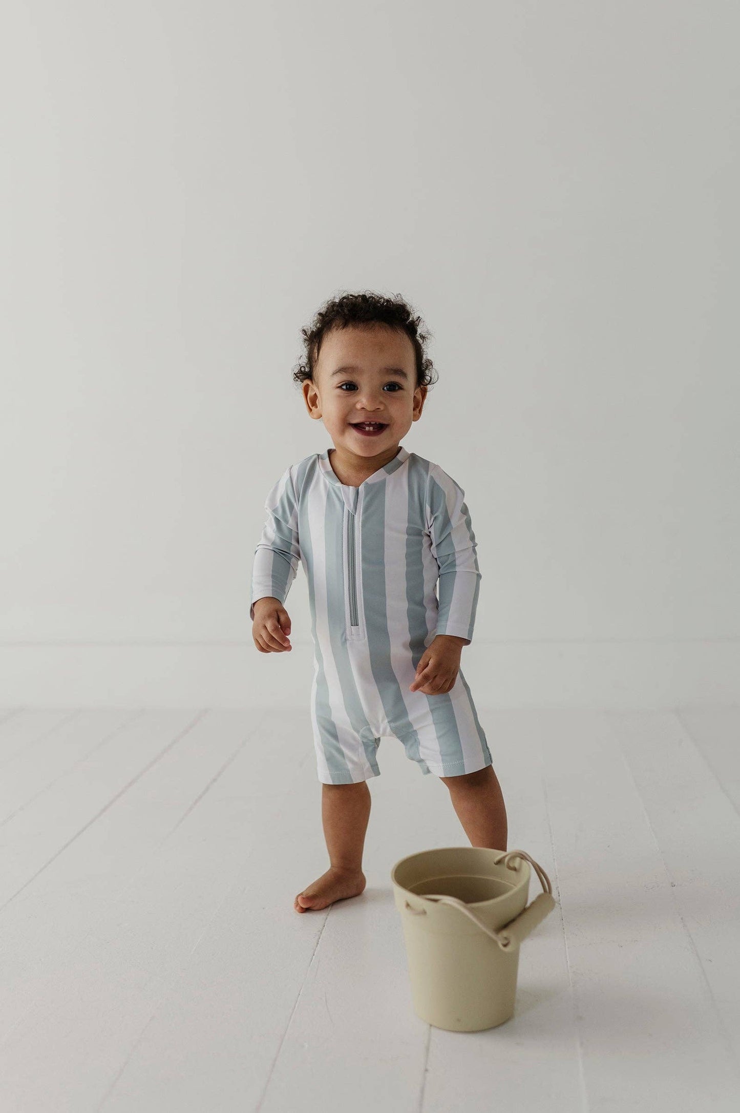 One-Piece Rash Guard Swimsuit Aqua Grey Stripe