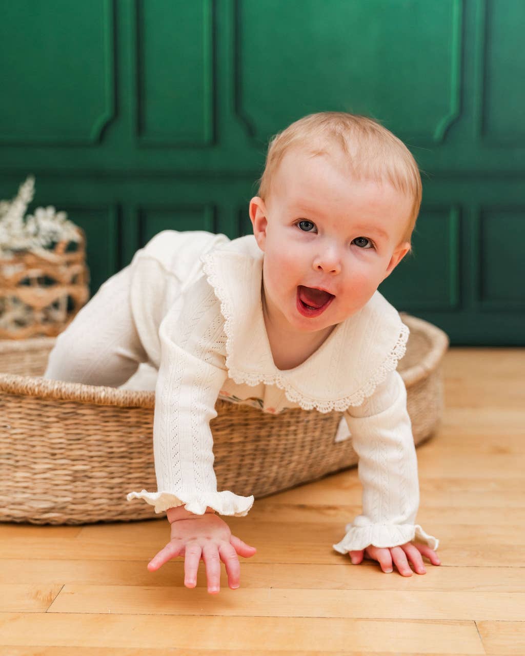 Floral Embroidered Pointelle & Ruffle Baby Footie (Organic): Natural