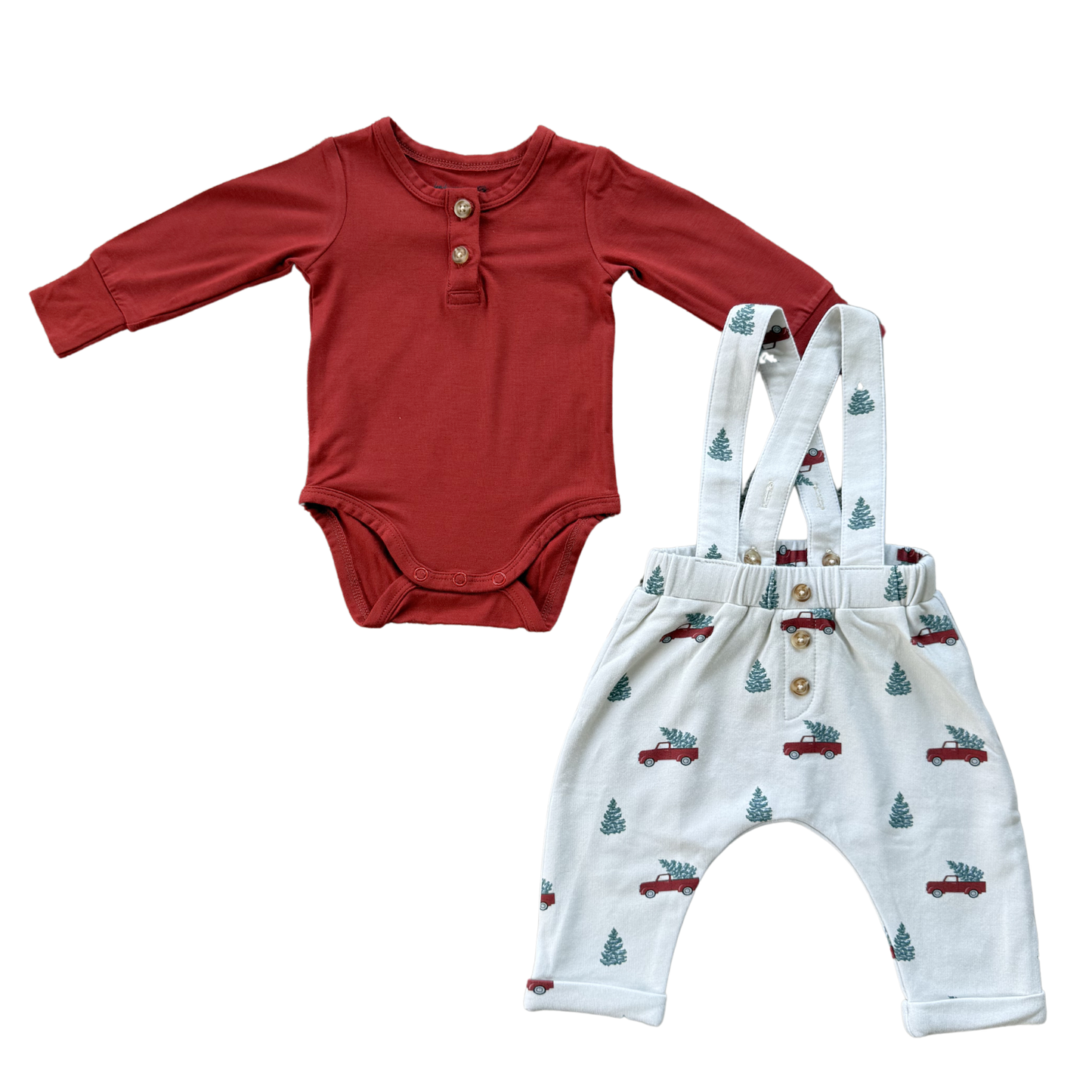 Henley Bodysuit & Suspenders Set: Christmas Truck