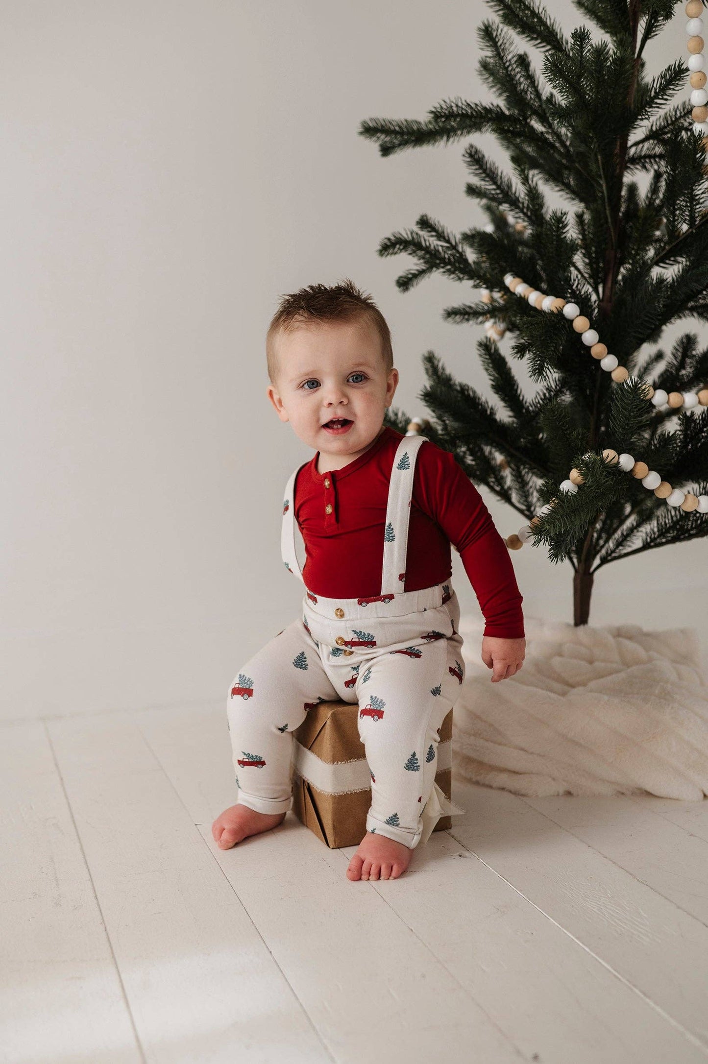 Henley Bodysuit & Suspenders Set: Christmas Truck