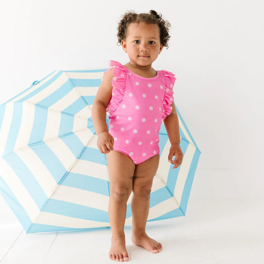 Hot Pink Daisies Ruffle Sleeve Bathing Suit