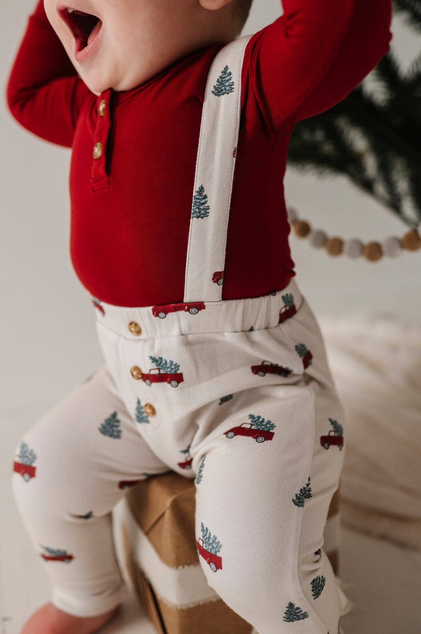 Henley Bodysuit & Suspenders Set: Christmas Truck
