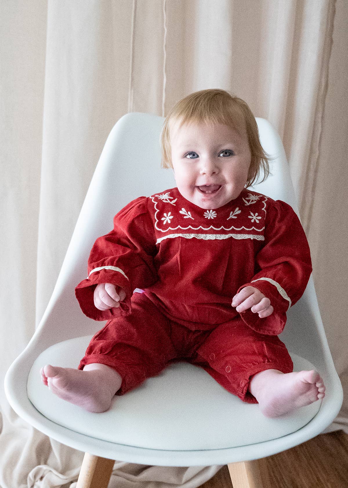 Embroidered Corduroy Festive Baby Jumpsuit (Organic): Pinot Red