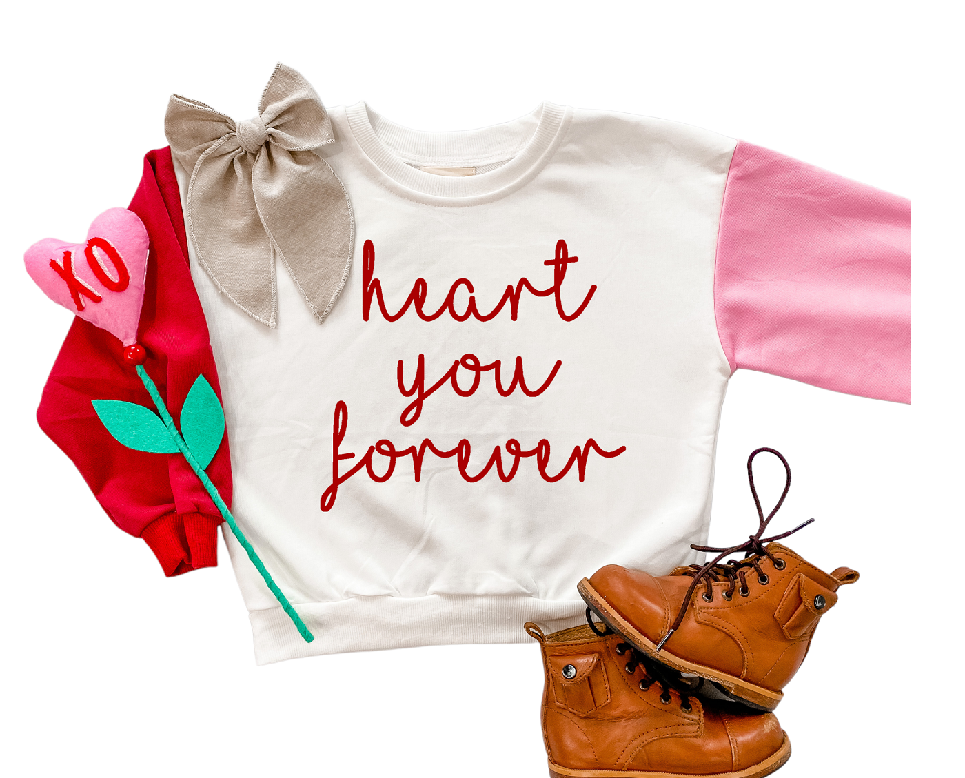 Heart You Forever Color Block Sweatshirt  - Deep Red/ Pink