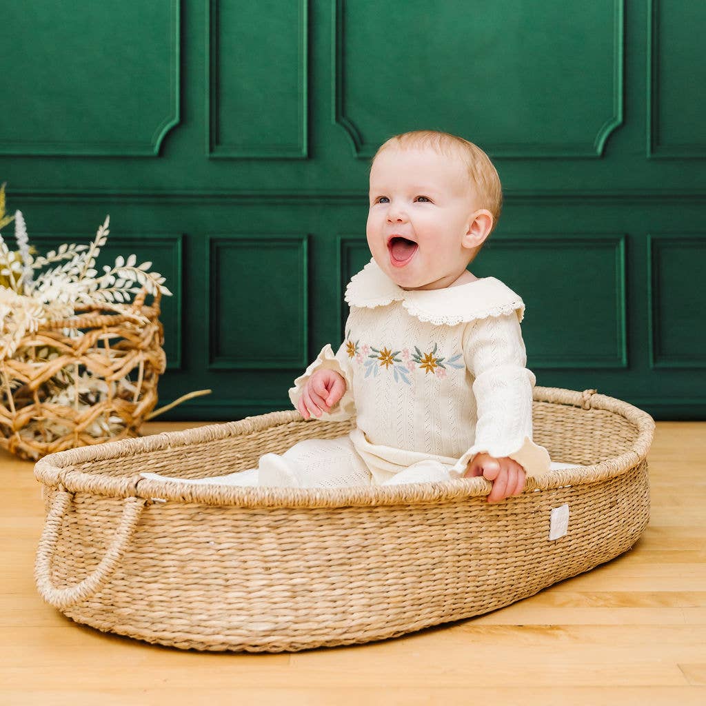 Floral Embroidered Pointelle & Ruffle Baby Footie (Organic): Natural