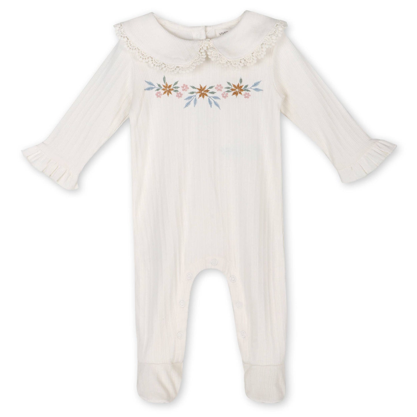 Floral Embroidered Pointelle & Ruffle Baby Footie (Organic): Natural