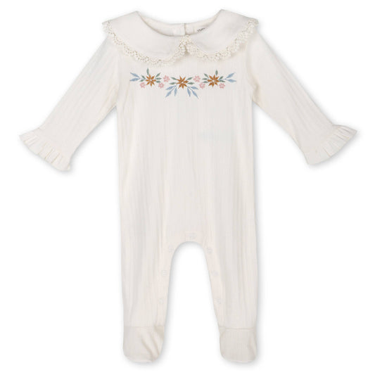 Floral Embroidered Pointelle & Ruffle Baby Footie (Organic): Natural